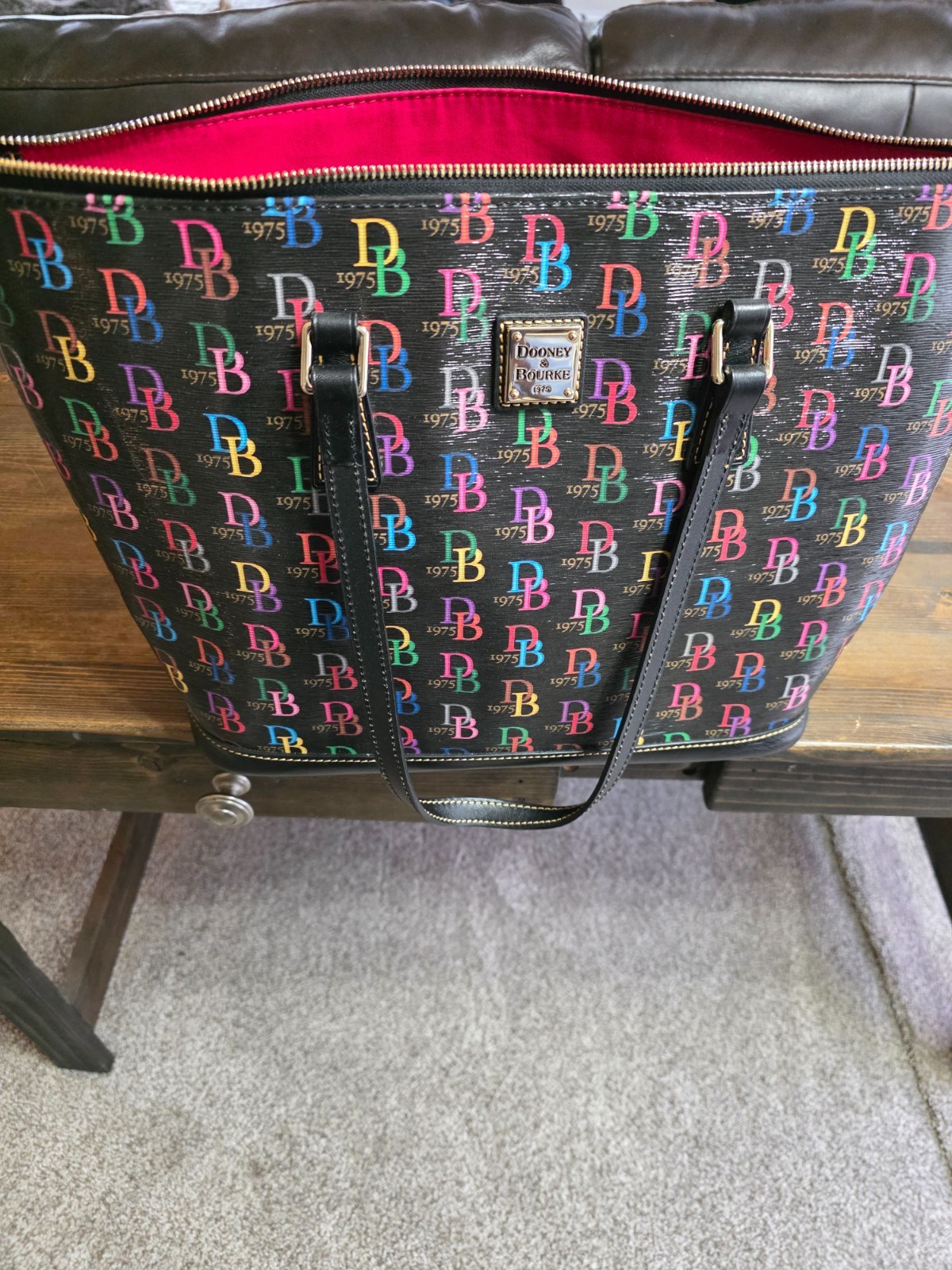 Dooney & Bourke DB75 Multi Rainbow Charleston Shopper Tote Purse Black Large