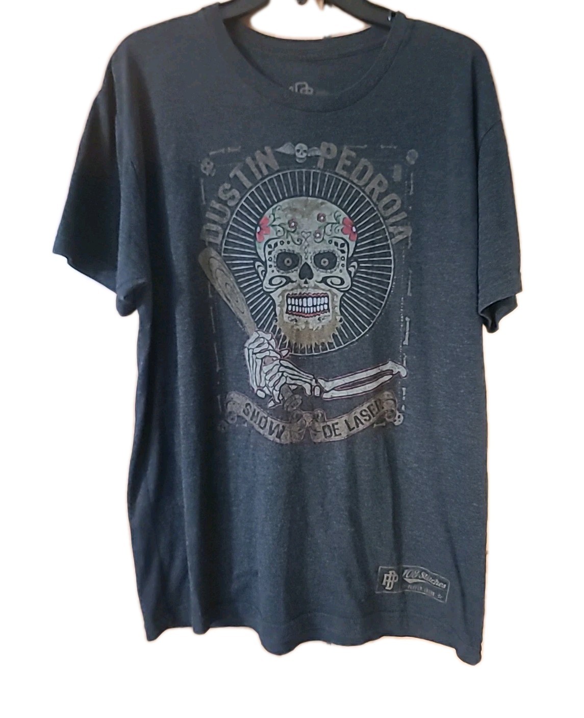 Rare*Dustin PEDROIA Show De Laser Sugar Skull Tshirt Large by 108 Stitches*MLB*