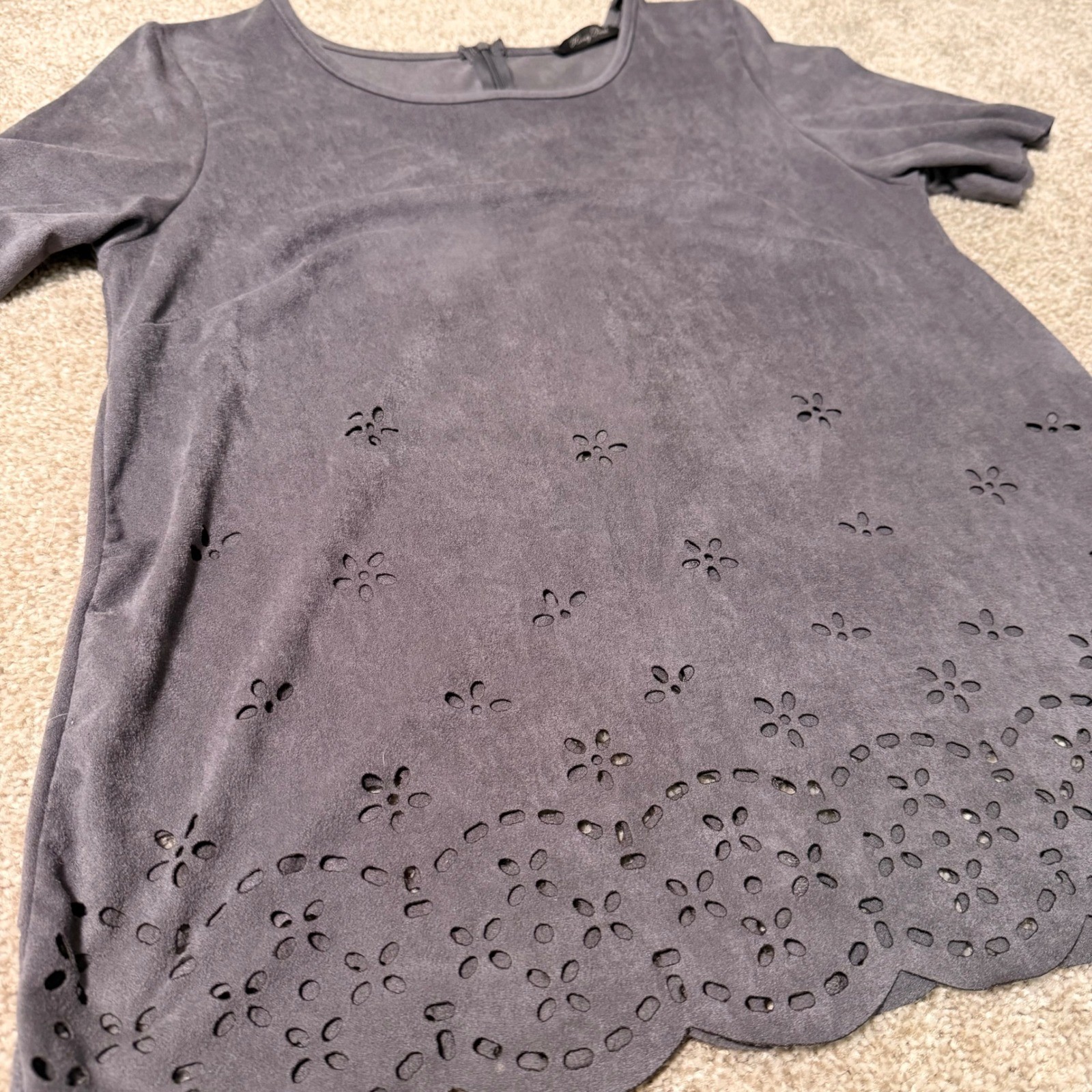 Honey Punch Faux Suede Laser Cut Floral Eyelet Scallop Hem Blouse Mauve Purple