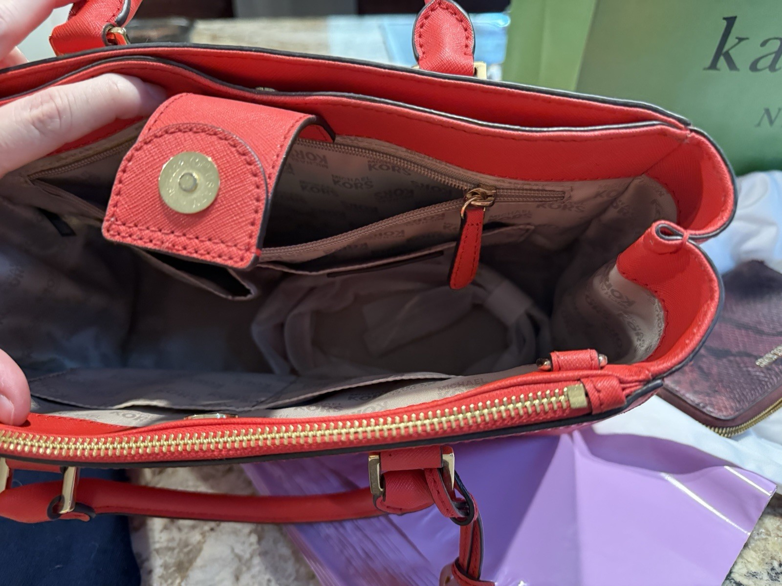 Michael Kors Coral Saffiano Leather Satchel Tote Handbag Gold Hardware Dust Bag