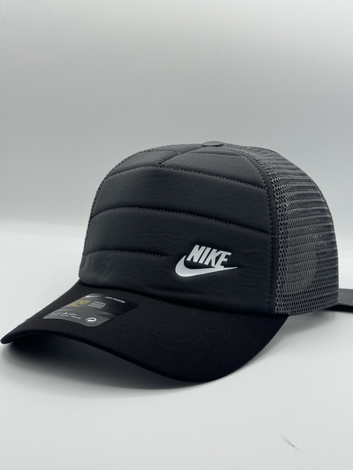 NWT Nike Heritage 86 Puffer Trucker Hat Steel Gray Black Mesh Adjustable Cap