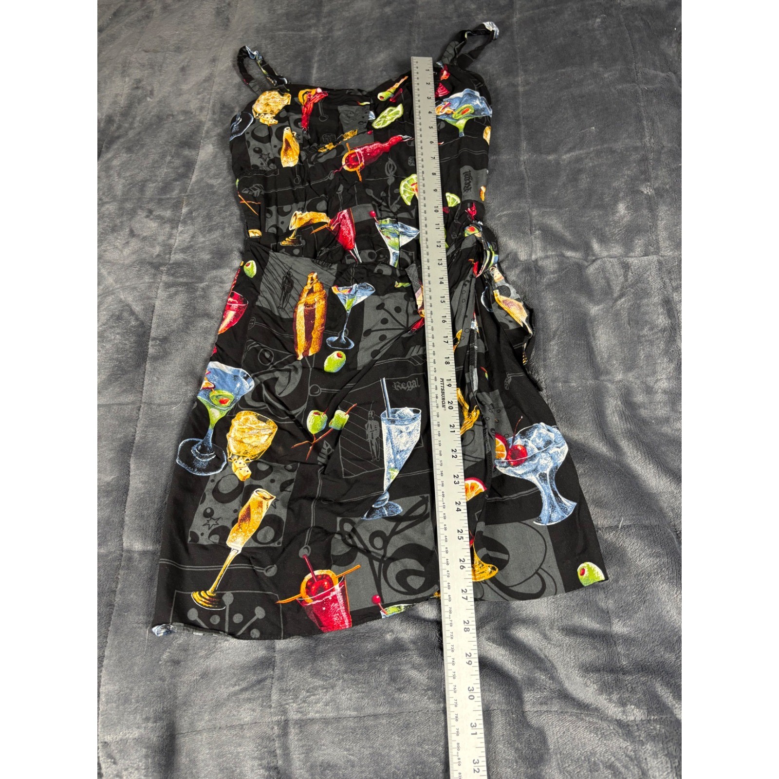 Paradise Found Honolulu Hawaii Cocktail Martini Print Rayon Wrap Dress S Black