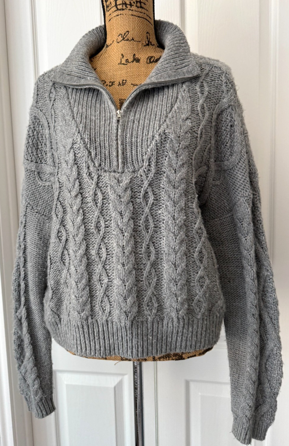 Lucky Brand Sweater Pullover 1/4 Zip Polo Collar Gray Cable Cropped Wool Blend L