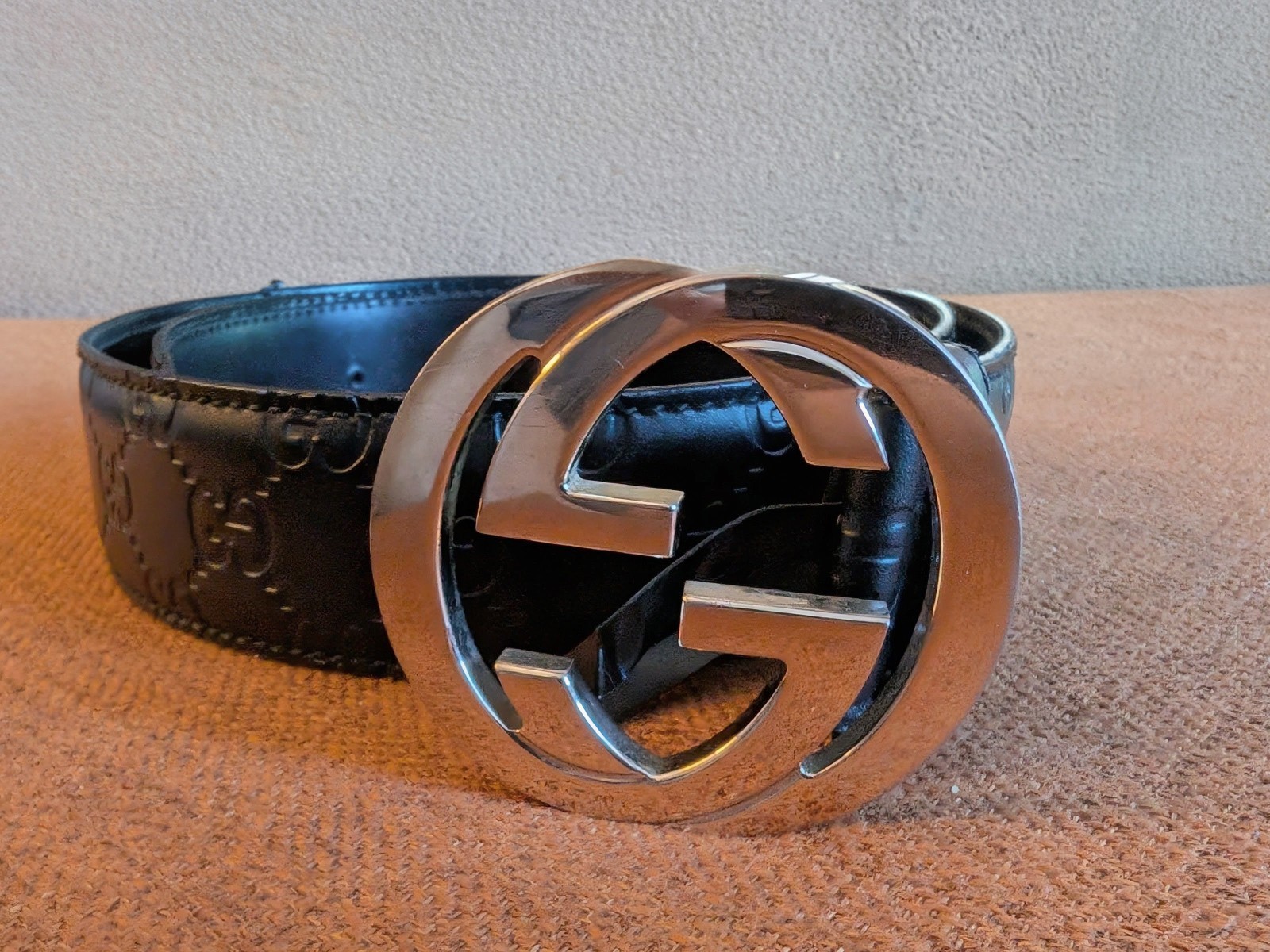 Vintage Gucci Interlocking Gs Black Calfskin Leather Belt Unisex 80/32