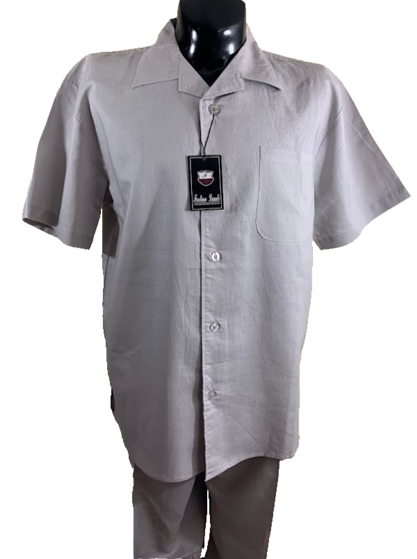 Fortino Landi Mens 2pc Walking Suit Linen Shirt Pleated Pants Set Large Gray 36