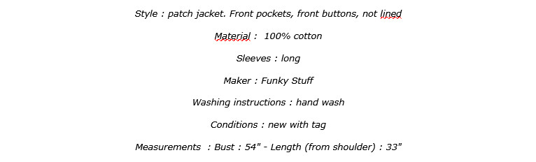 Nwt FUNKY STUFF patch hippie pocket cotton button TOP JACKET VVL 2X Free shipp