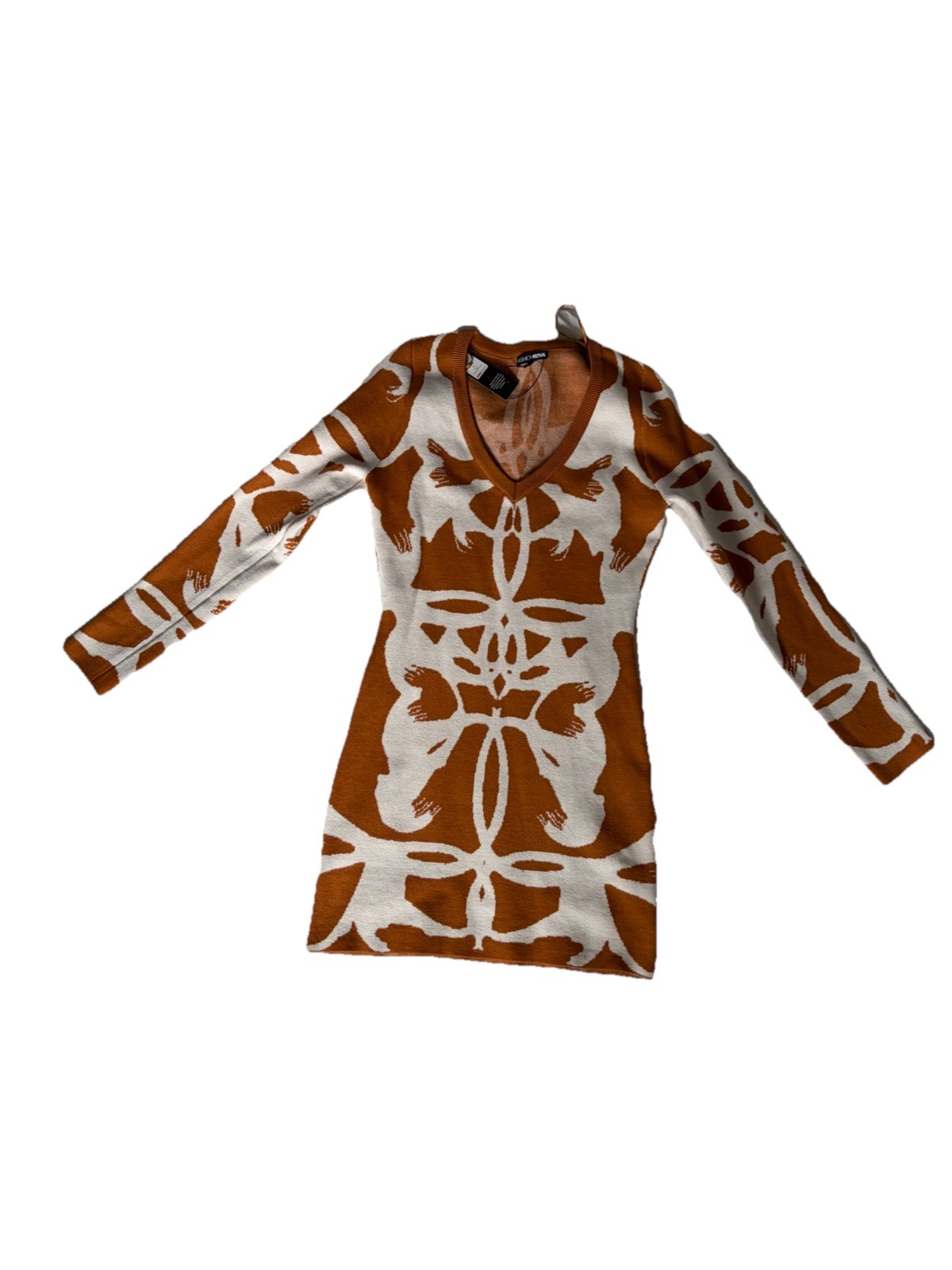 Fashion Nova Klarissa Rust White Floral Ribbed Knit V-Neck Sweater Dress M