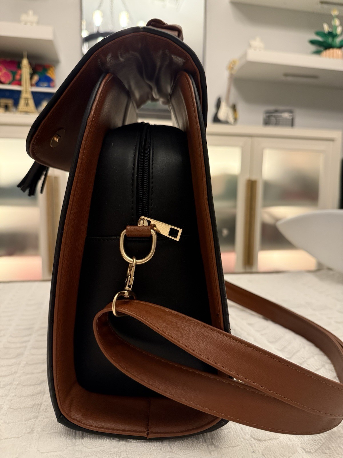 UB Black/Brown Sunflower Satchel Top Handle, Detachable Strap, Tassel Zip