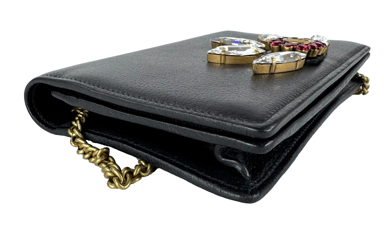 Gucci New Auth Black Leather Mini GG Marmont Crystal Wallet Chain Bag Dust Bag