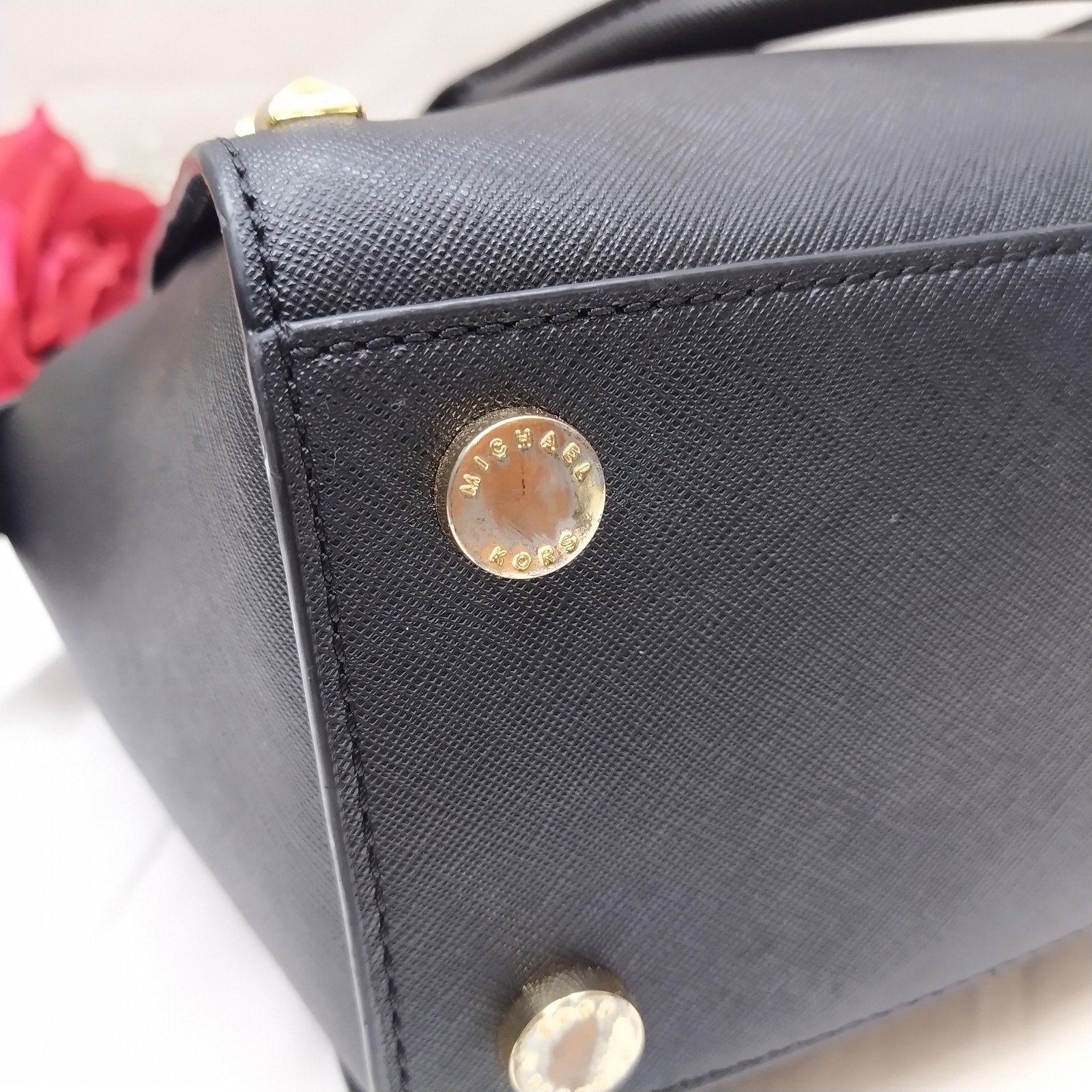 Michael Kors Black Leather Studded Double Handles Satchel Bag