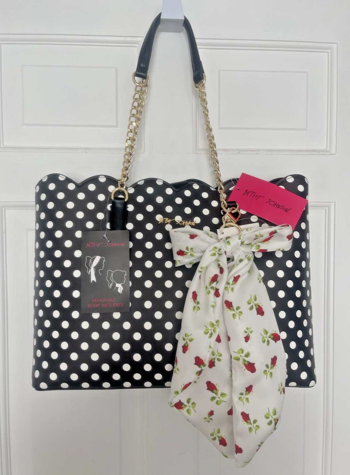Betsey Johnson XO Tote Black/White Polka Dots Shoulder Bag Purse NWT