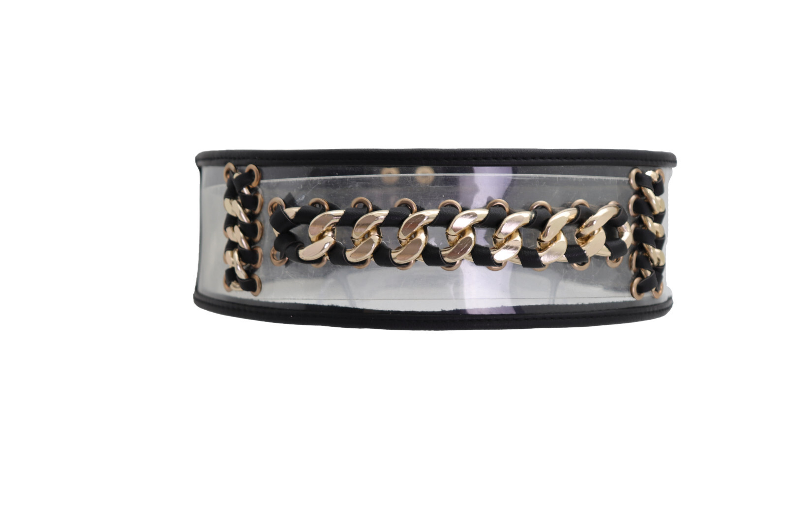 Women Black Elastic Wide Waistband Miami Beach Sexy Belt Gold Metal Chain XS S