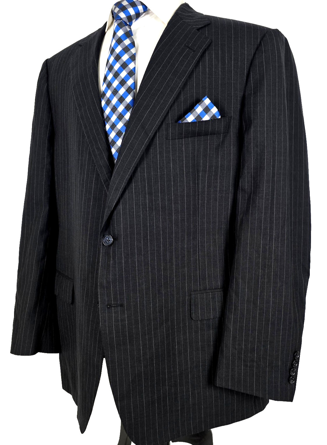 Samuelsohn SB Austin Cashmere & Super 120’s Wool Sport Coat Black Pinstriped 46R