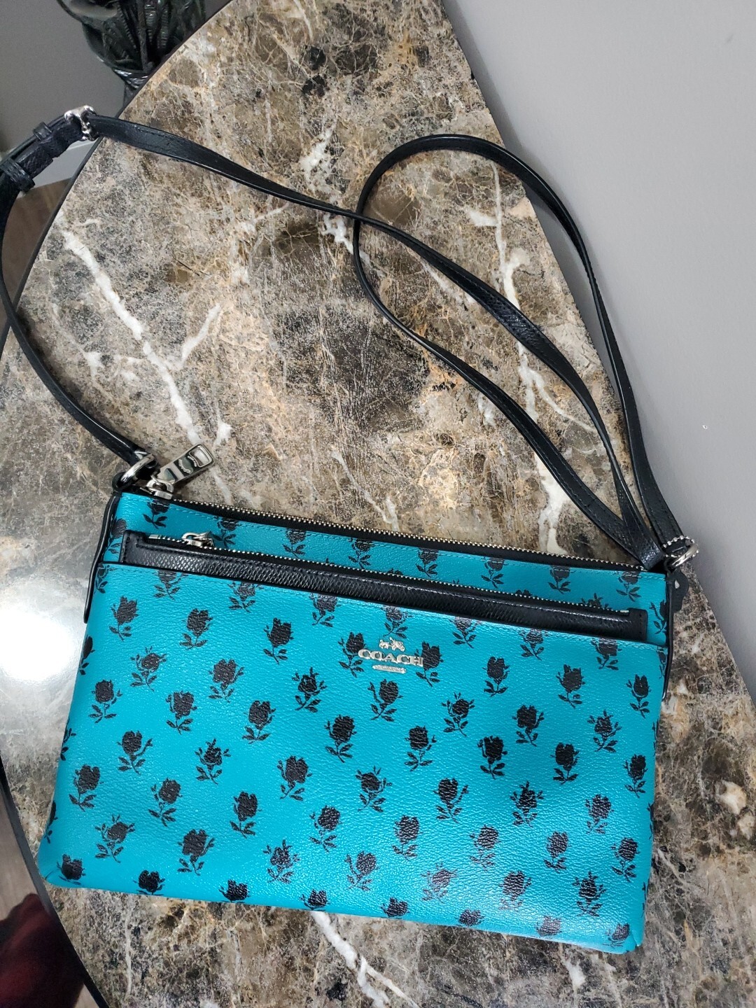 COACH Leather Floral Badlands Print Crossbody Bag Turquoise Blue Green Black