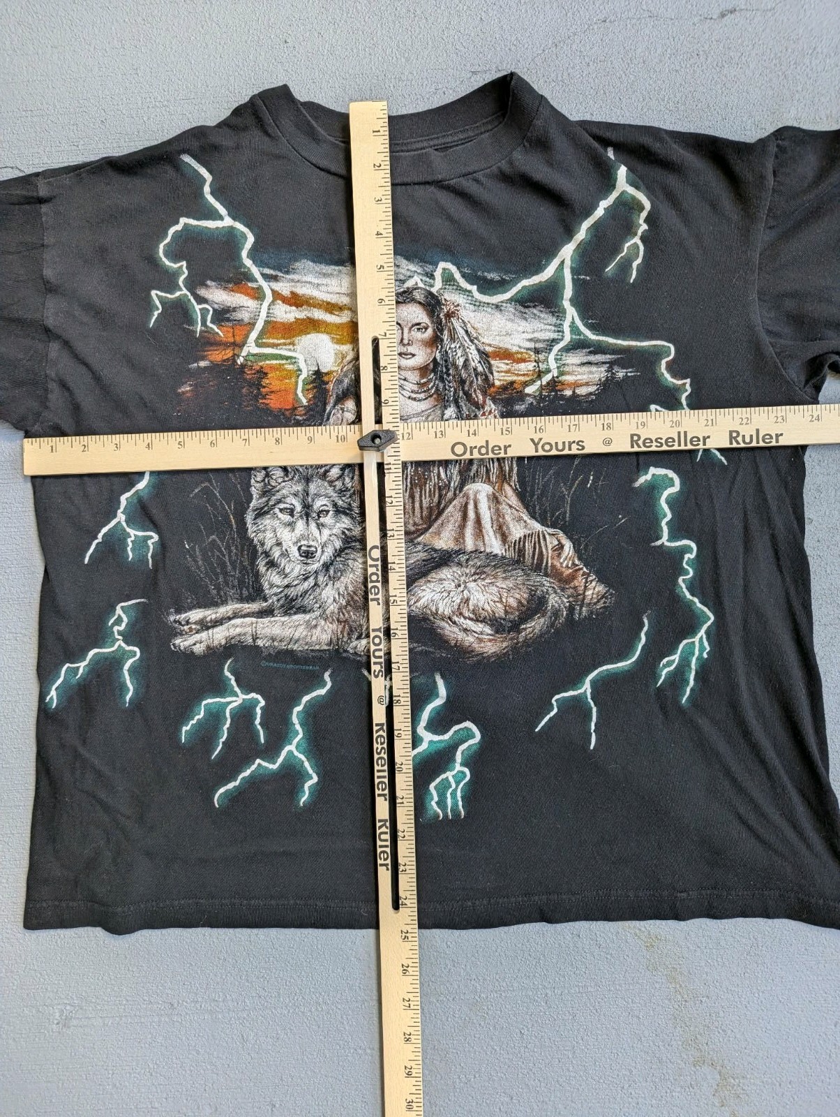 Vintage 90s American Thunder Lighting Wolf Biker T Shirt Men’s XL Black AOP USA