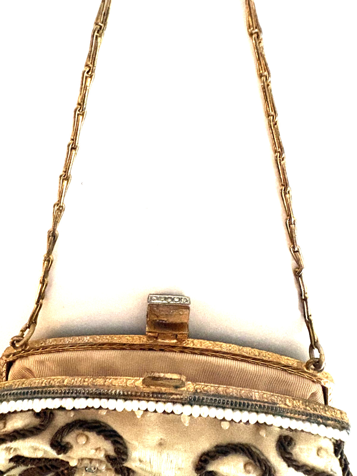 French Victorian Cameo TRINITY BAG Copper Beaded w/Pearls/Copper Metallic Thread