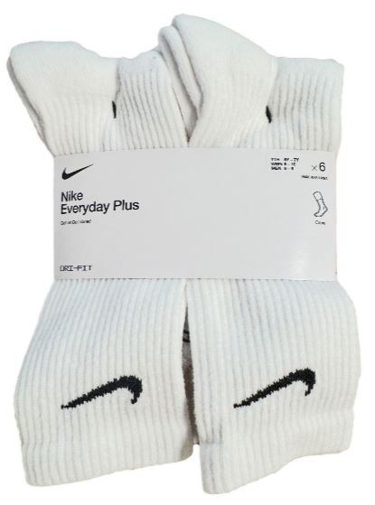 Nike Youth Crew Socks, Everyday Plus Cushioned SX6897-100 Medium 5y-7y, 6 PAIRS