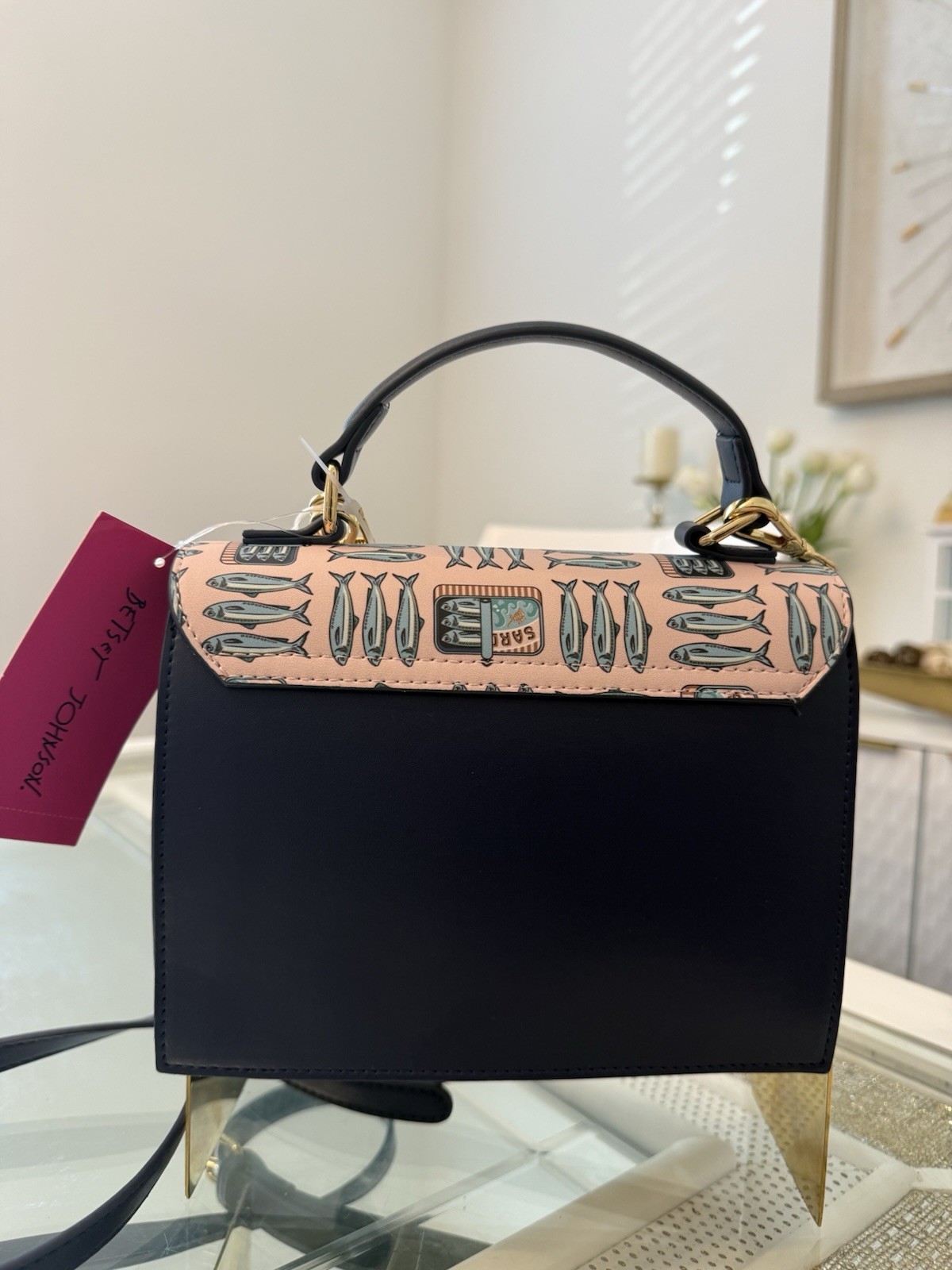 Betsy Johnson Sardines Shoulder Crossbody Purse Navy Blue & Pink Gold Tone NWT