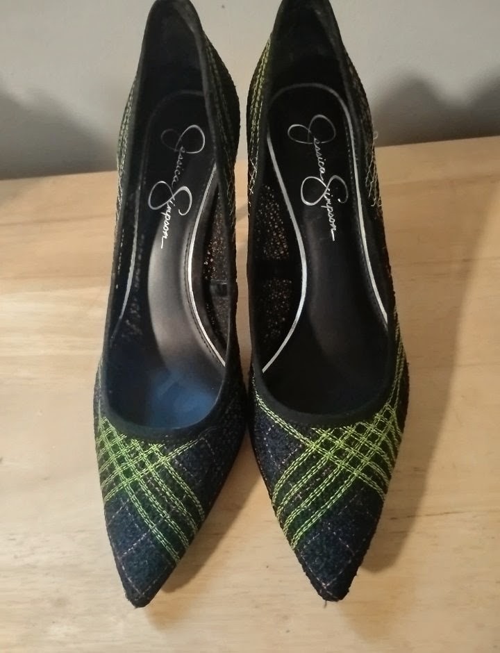 Jessica Simpson Black/Green Plaid Pointed Toe Pump Stiletto Glitter 9.5