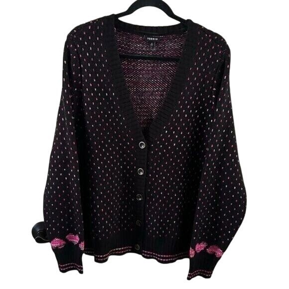 Torrid Sz 2 V Neck Button Front Heart Cardigan Sweater Pink Black Acrylic Blend