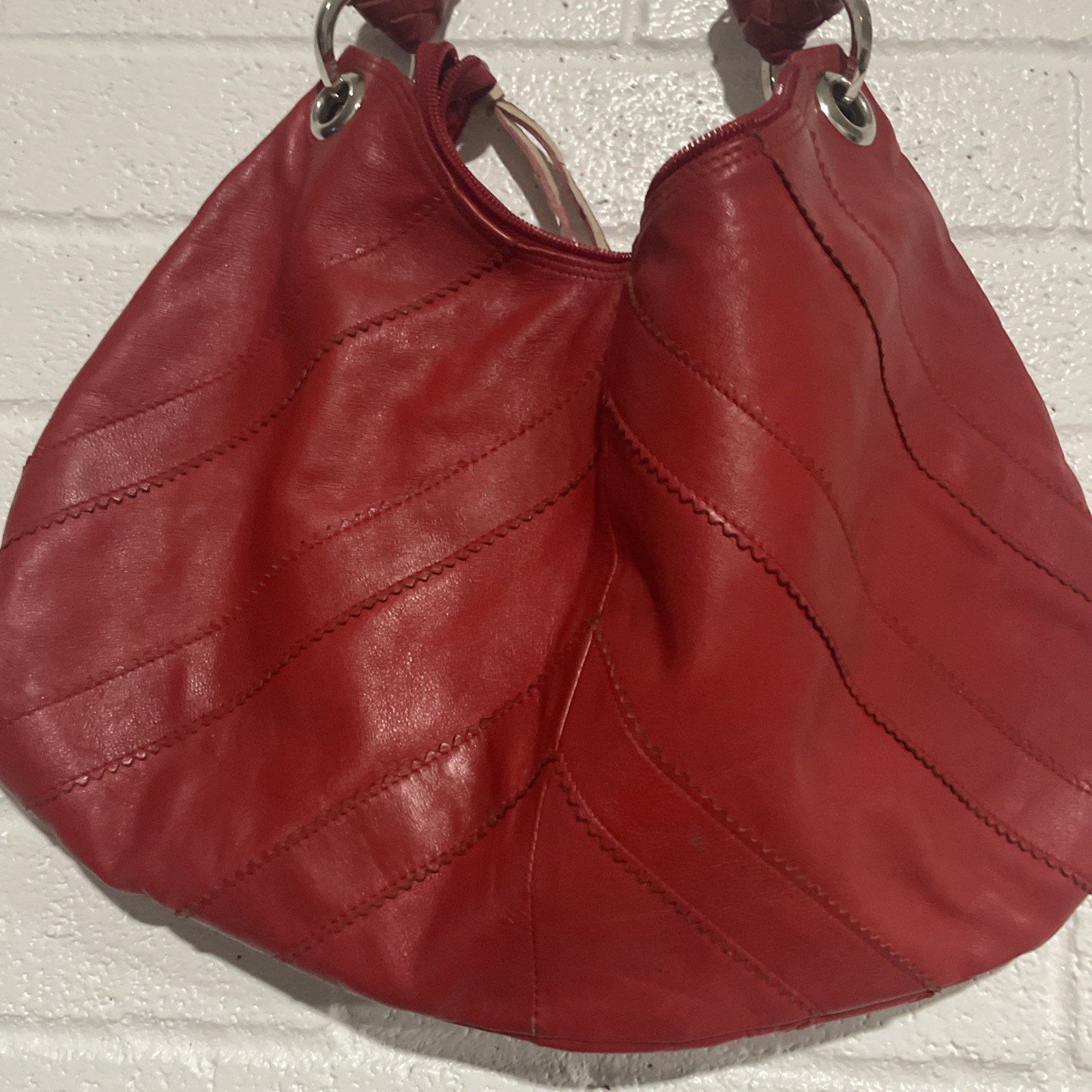 Falor Red Woven Handle Leather Women’s Tote Bag Slouchy Shoulder Bag READ