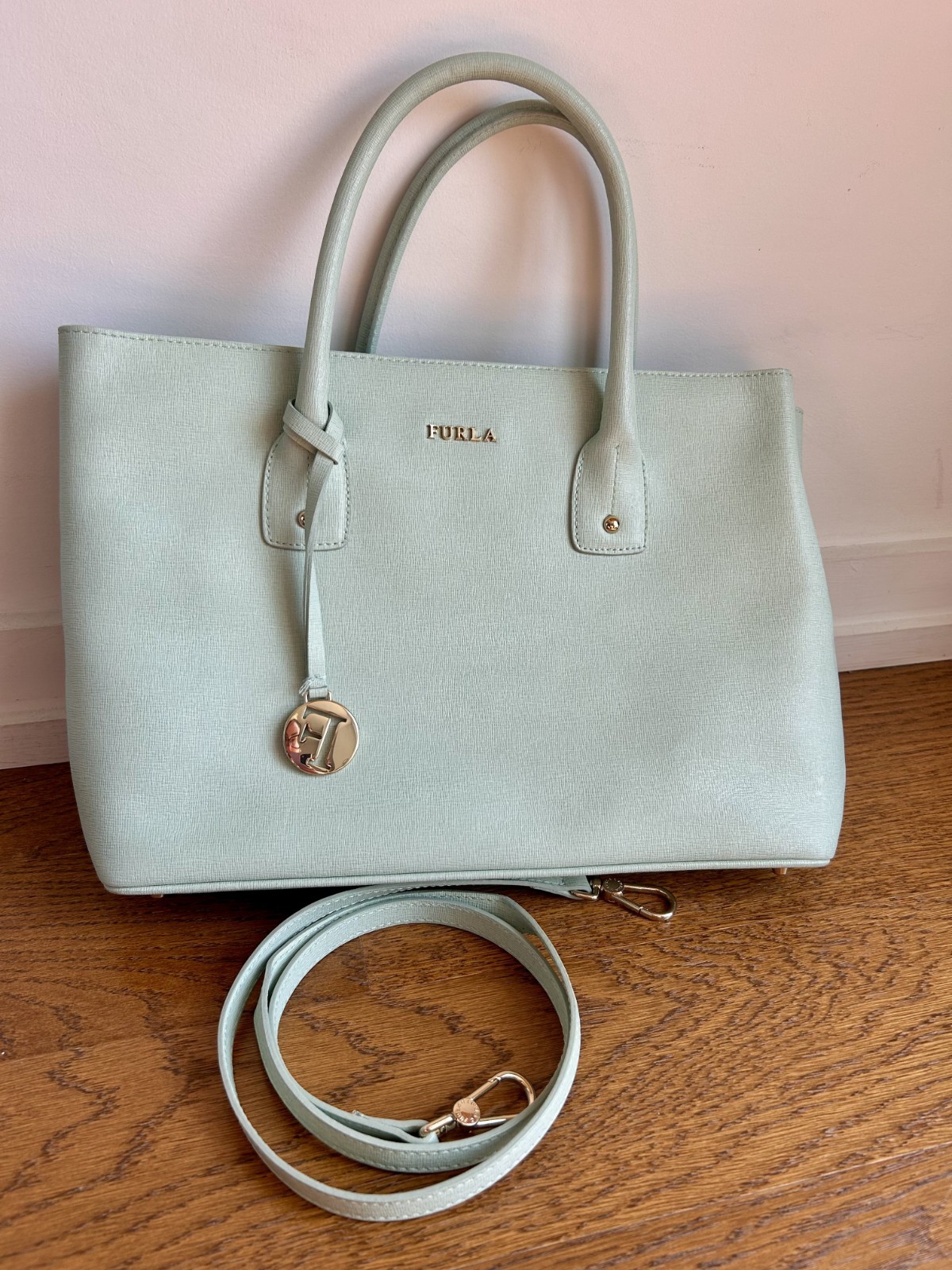Furla Mint Green Divide It Leather Tote Bag Medium Handbag Gold Hardware Italian