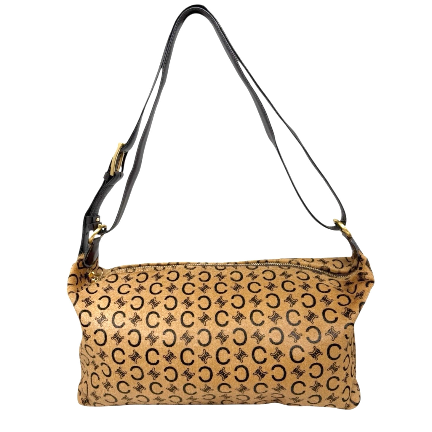 CELINE Vintage C Macadam Logo Pony Calf Hair 2way Shoulder Bag Beige Brown