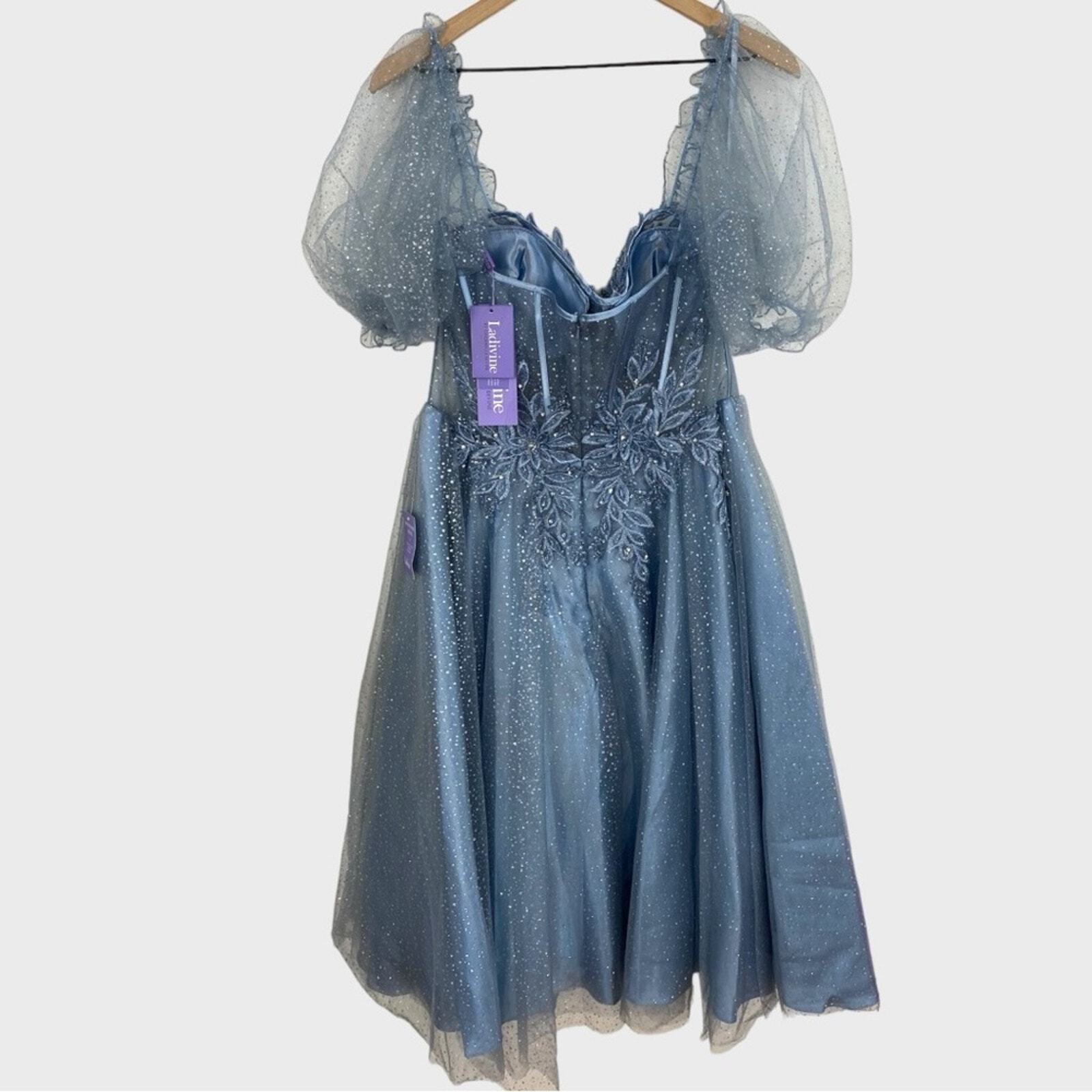 Ladivine by Cinderella Divine Smoky Blue Sheer Bodice Floral A-line Dress NWT 3X