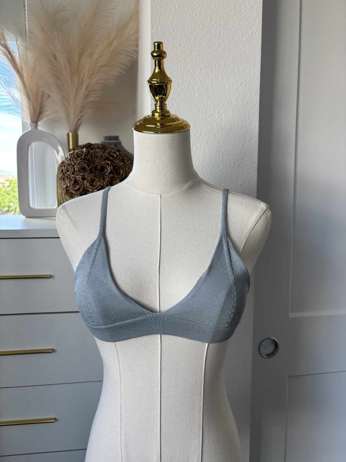 Zara Blue Knit Seamless Wireless Triangle Bralette Bra Adjustable Strap Small