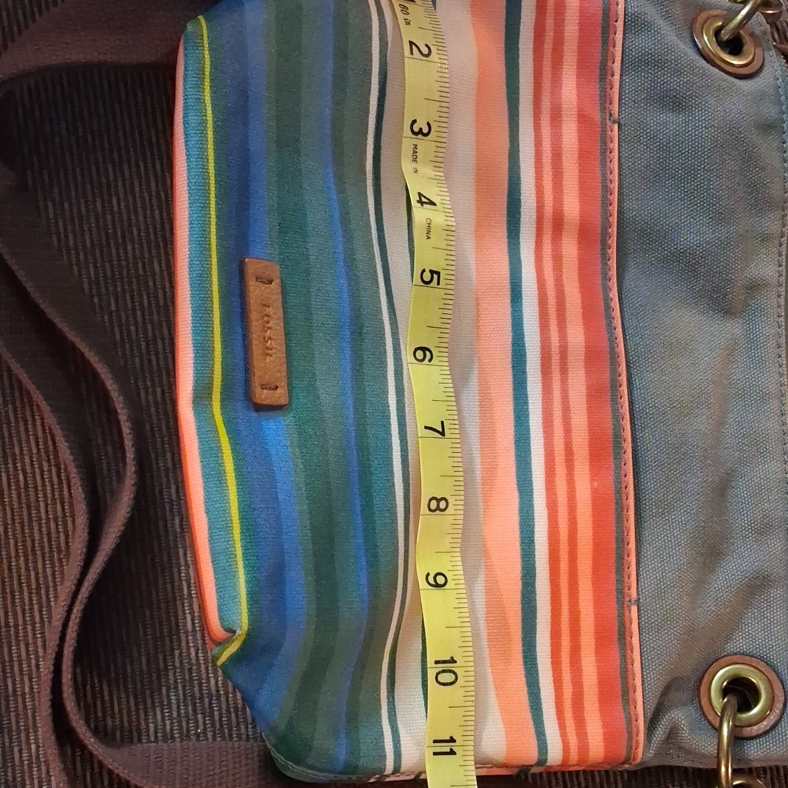 Fossil Keely Striped Coated Canvas Leather Accent Boho Crossbody Bag 9″ x 11″