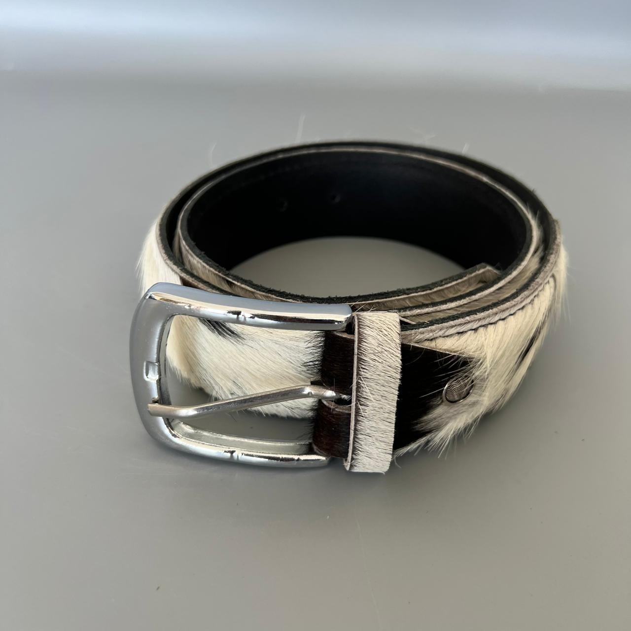 Black White Hair On Cowhide Leather Belt Silver Buckle Western Handmade Belt