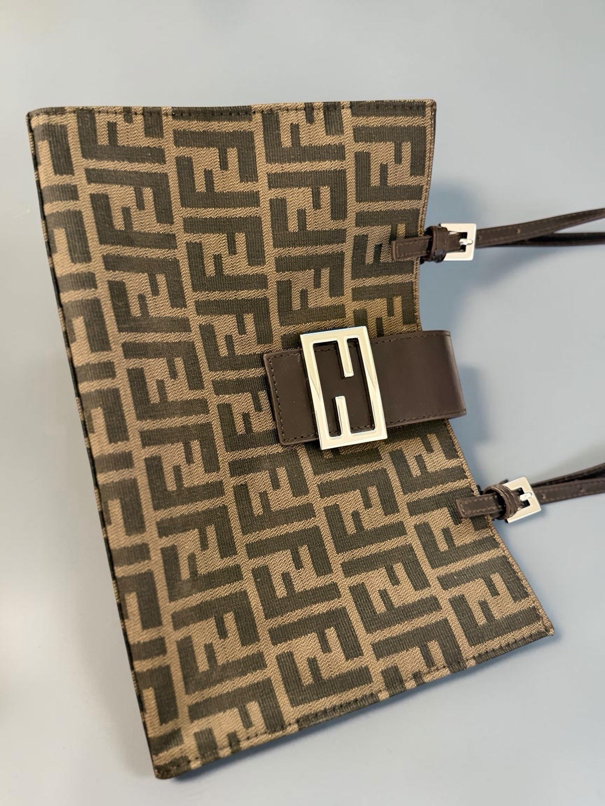 Fendi Zucca FF Monogram Brown Tote Bag Silver Hardware Magnetic Closure Pockets