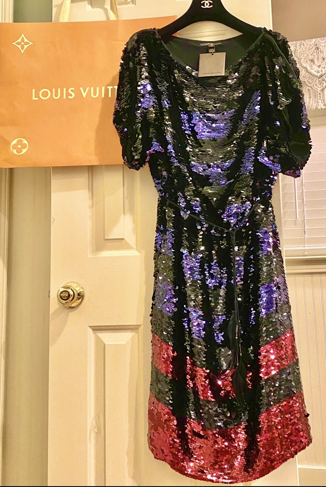 11K Louis Vuitton Red Sequin Stripe Party Dress Feather Belt Set 36 38 4 6 S M