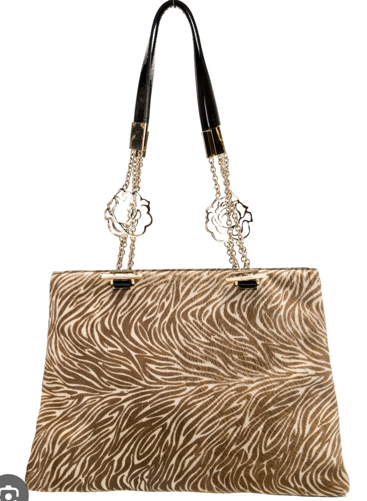 Versace Animal Print Pony Hair Shoulder Bag with Gold Hardware/Chain-Link Straps