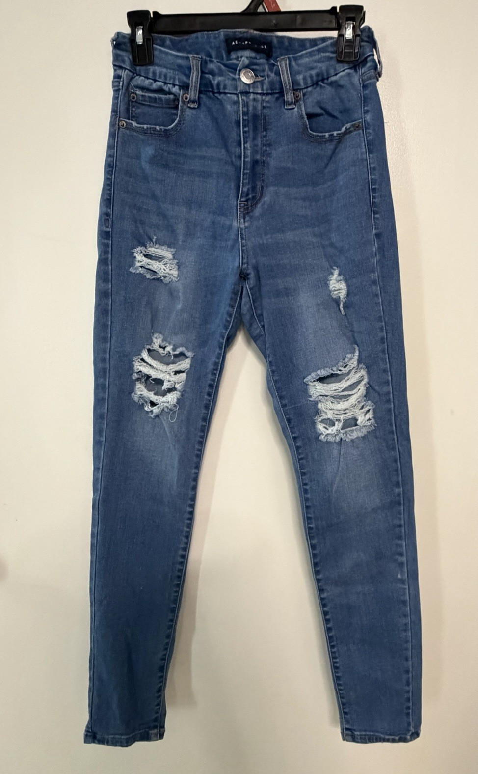 Aeropostale Women’s Blue Distressed Skinny Denim Jeans 5-Pocket Button Zip