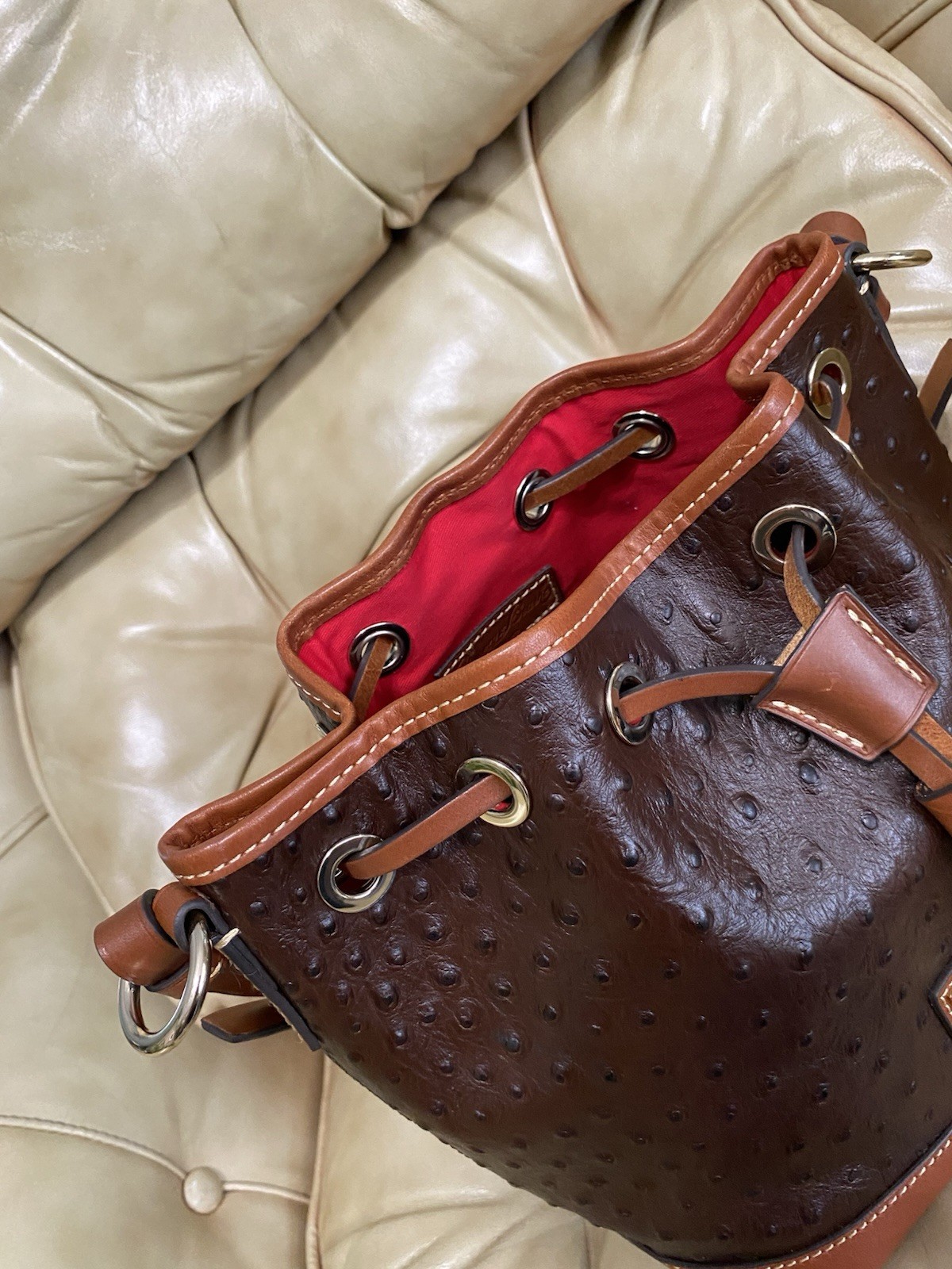 Dooney & Bourke Ostrich Small Drawstring Shoulder Bag Leather Bucket