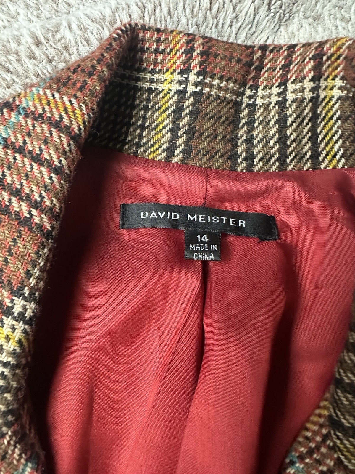DAVID MEISTER Multi Color Acrylic Blend Plaid Beaded Motif Collar Jacket US 14