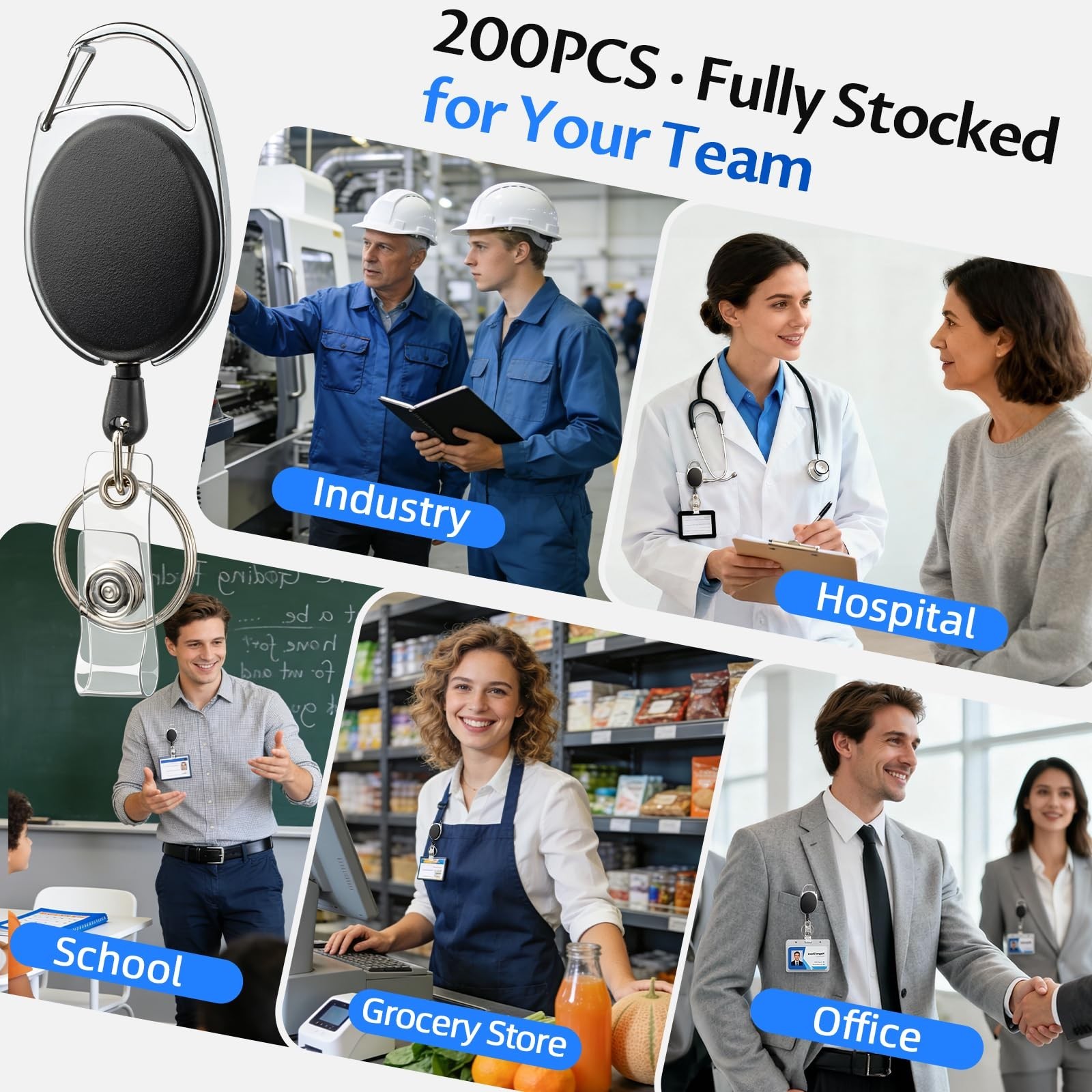 200 Pack Heavy Duty Retractable Badge Reels with Carabiner Clip & Key Ring – ID