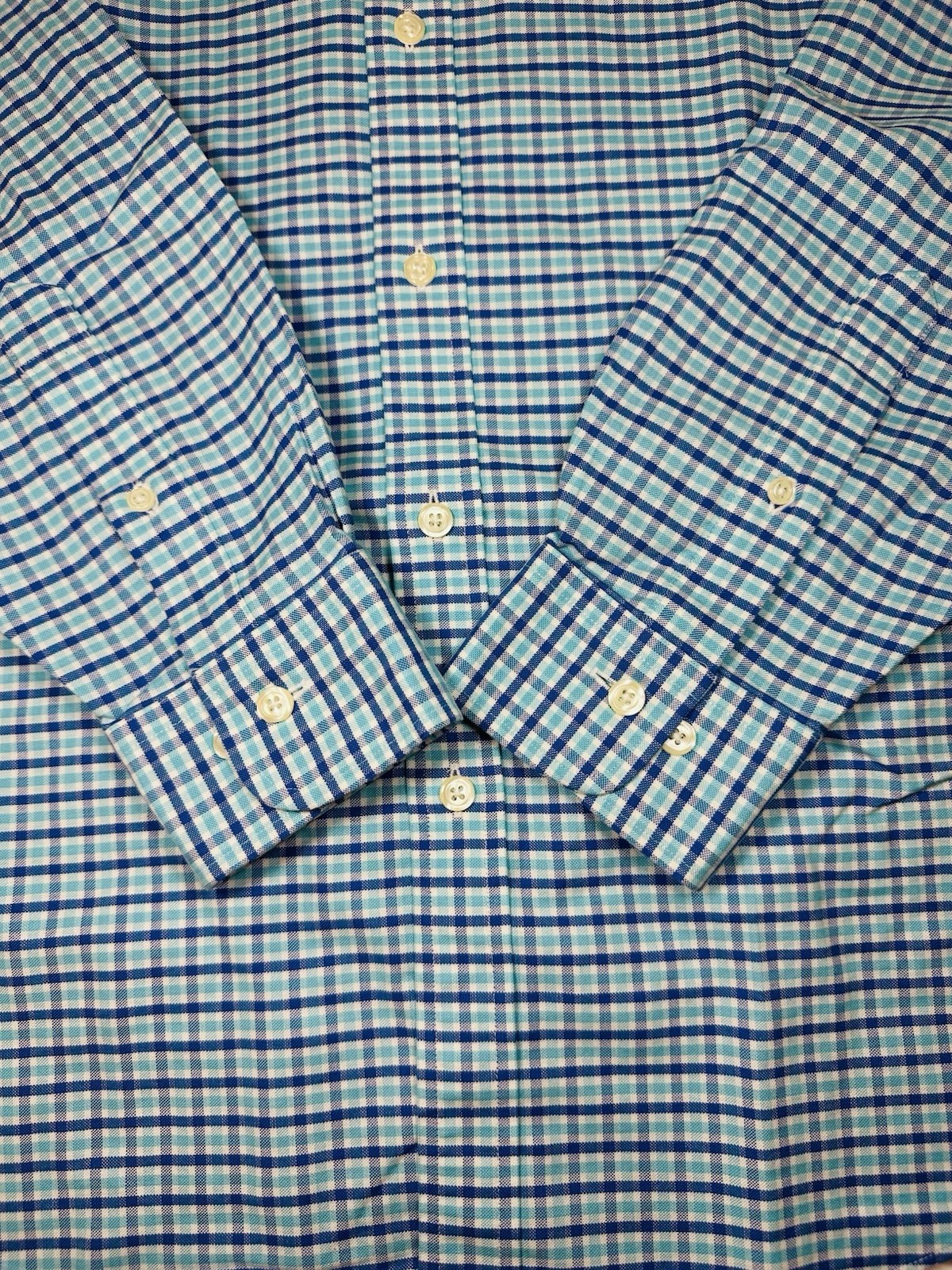 BROOKS BROTHERS Regent Fit Blue Aqua Plaid Non-Iron Stretch Shirt L Cotton