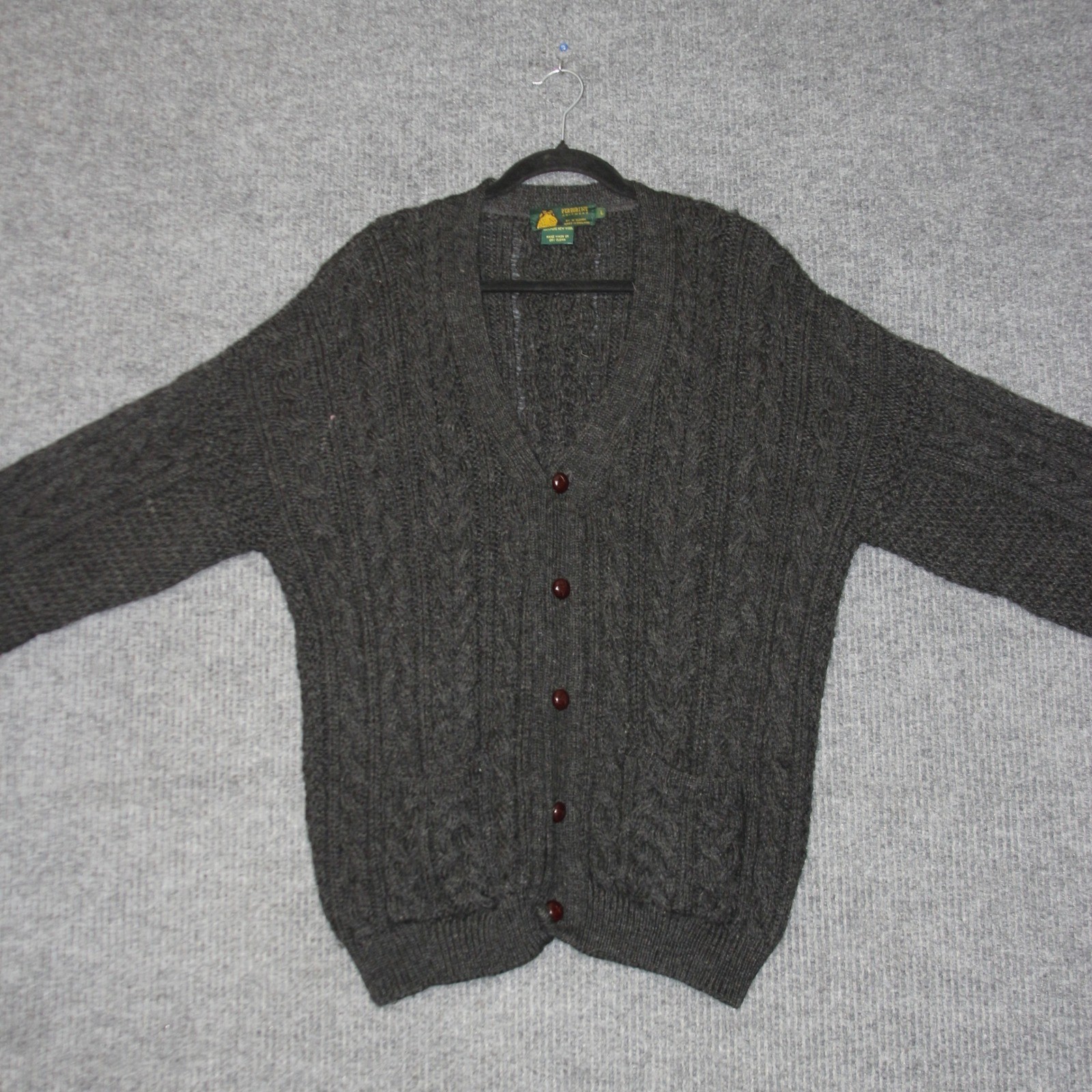 Peregrine Cable Knit Cardigan Sweater Mens L Charcoal Gray Wool Made in England