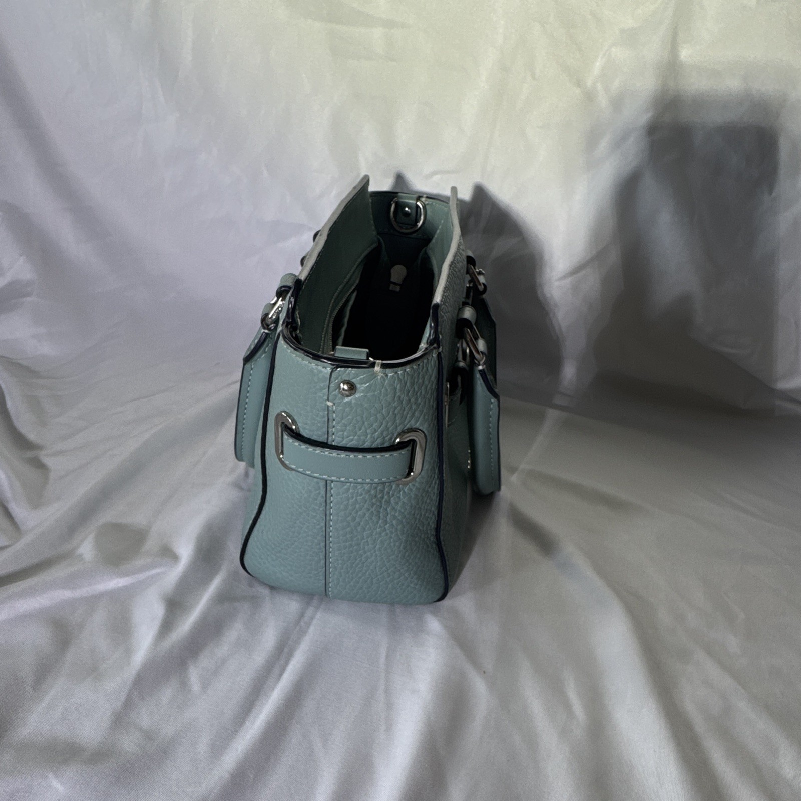 Coach Light Blue Pebbled Leather Satchel, Zip, Silver Hardware, Pockets, Studs
