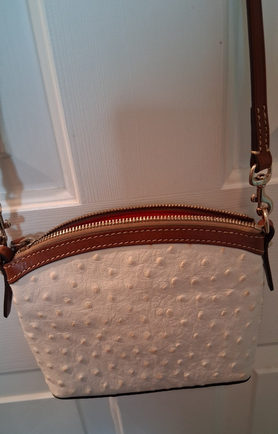 Dooney & Bourke Ostrich Small Crossbody Bag in White/Brown Leather