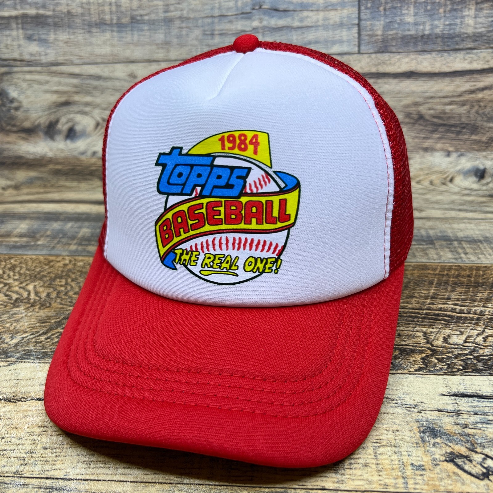 Topps Vintage Logo Mens Trucker Hat Red Snapback 1984 Collectible Trading Cards