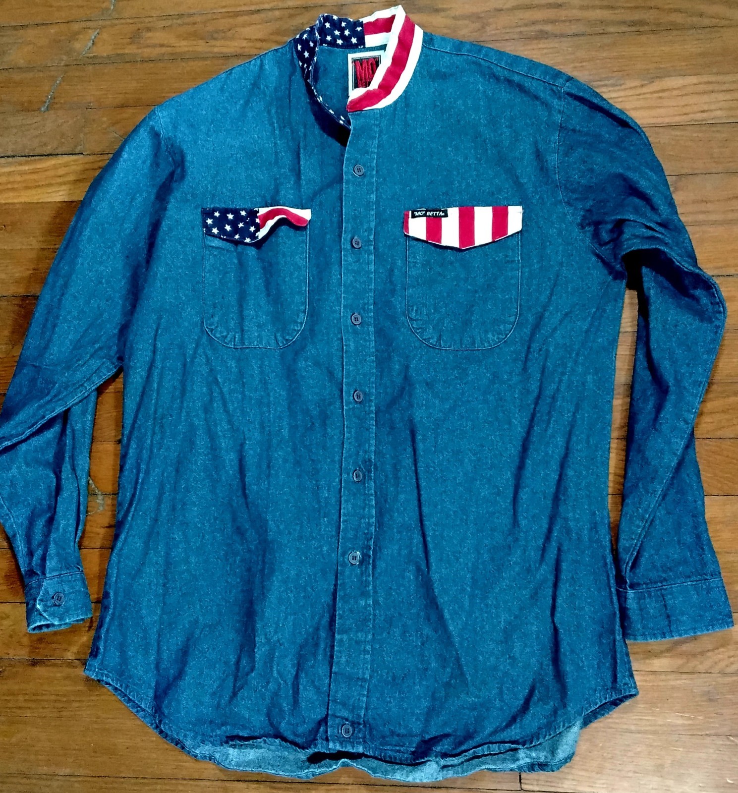 Vtg 90’s Mo Betta Denim Jean COWBOY USA Stars Stripes GARTH Western RODEO Shirt