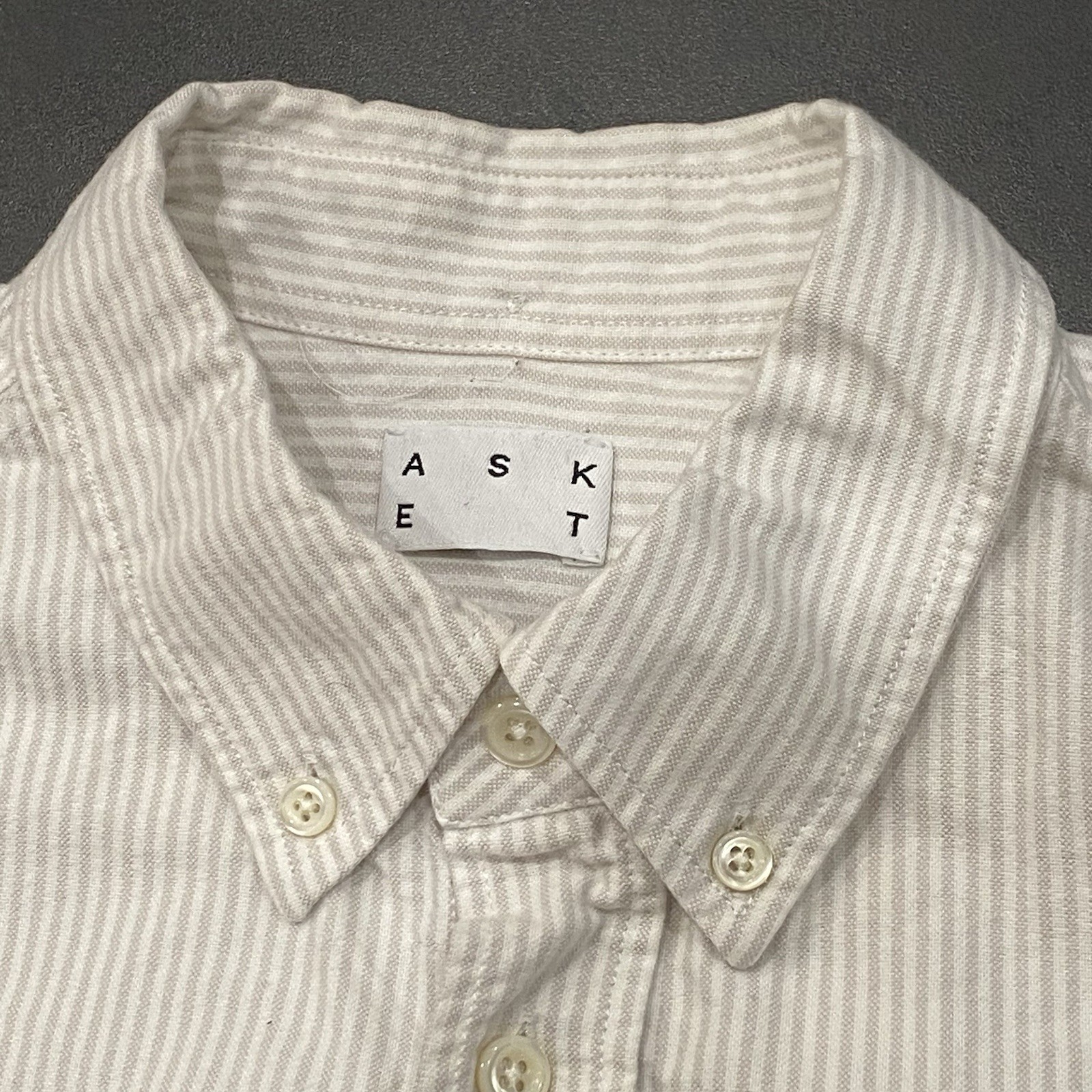 Asket Oxford Shirt Men’s Medium Reg Vertical Grey Stripe Pearl Button Preppy