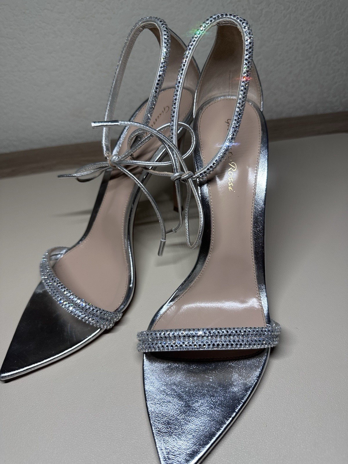 Authentic Gianvito Rossi Silver Crystal Ankle Wrap Heels EU 41 US 10 Box