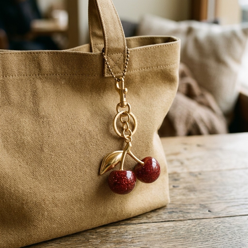 Glitter Red Cherry Resin Metal Keychain Bag Pendant Decor Single Piece