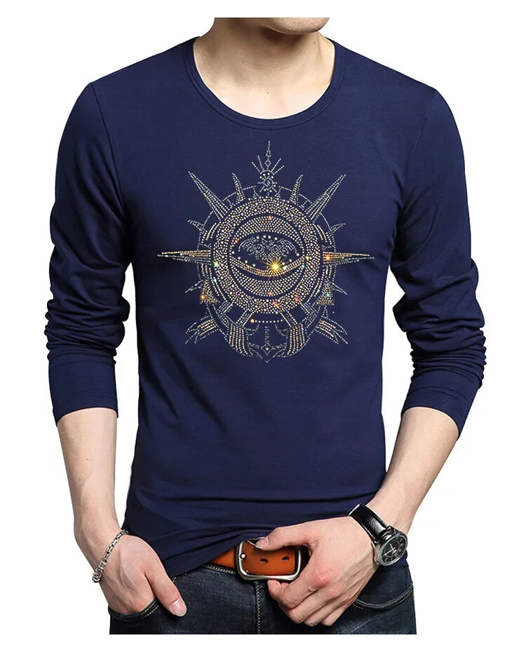 Fashion Trend Stone Rhinestones Streetwear Long Sleeve Luxury Men V-Neck T-Shirt
