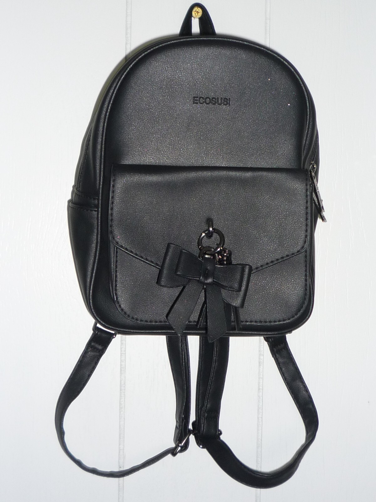 Ecosusi Small Mini Backpack Black Pockets 2 Adjust Straps Bow Knot Faux Leather