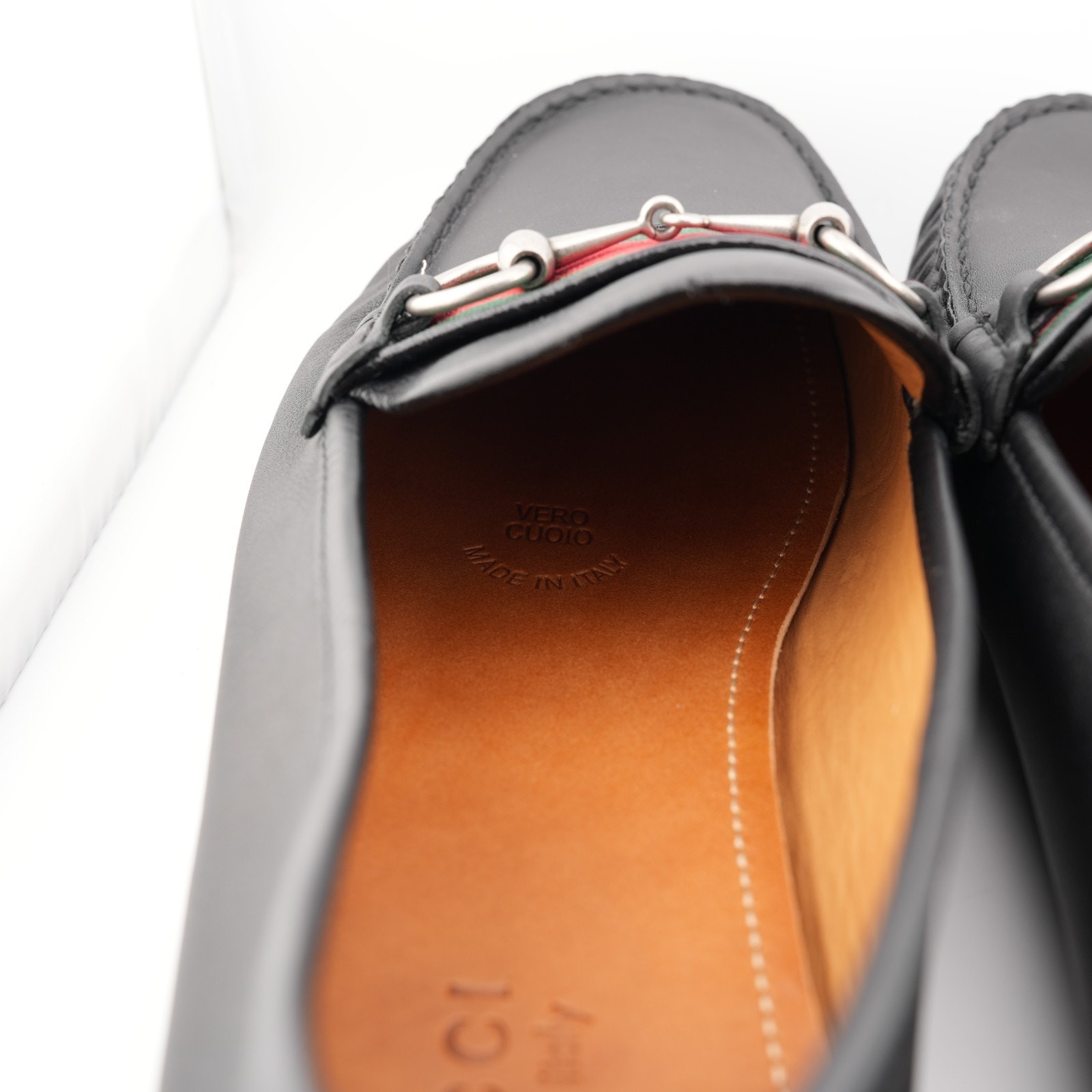 Gucci Black Leather Web Horsebit Loafers Men 11 US